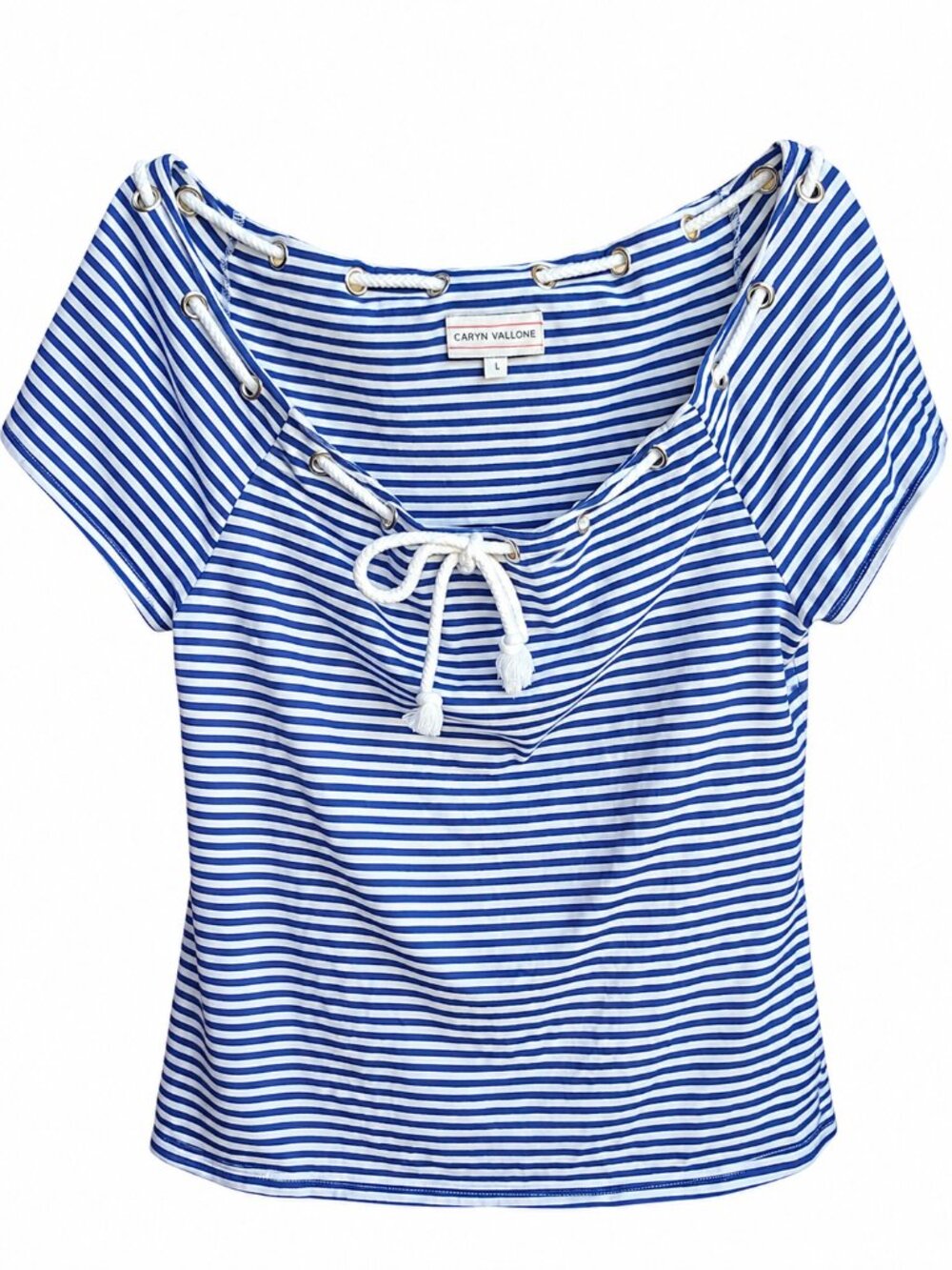 Caryn Vallone Blue Breton Stripe Lace Up Grommet Nautical Top L